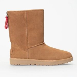 UGG Tan Ankle Boots with Red Zipper